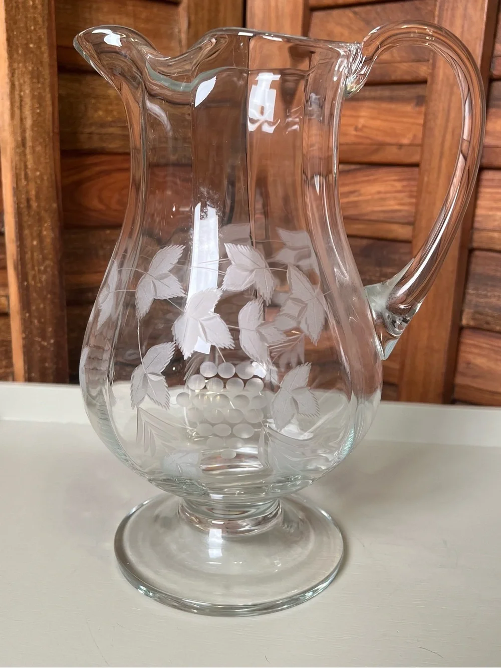 Etched Glass Pitcher with Grapevine Motif - Clear